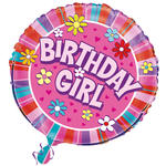 SALE Folienballon Birthday Girl, fr Kindergeburtstag Mdchen, Pink mit Blumen, beidseitig bedruckt, Gre: ca. 45 cm