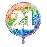 SALE Folienballon 21. Geburtstag, mit bunten Sternen / Regenbogen, beidseitig bedruckt, Gre: ca. 45 cm