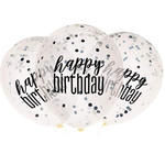 SALE Luftballon Latex Happy Birthday, transparent mit Konfetti & silberne Schrift, Gre: ca. 30 cm, 6 Stck