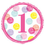 SALE Folienballon, erster Geburtstag / Zahl 1, Rosa / Pink mit Punkten, beidseitig bedruckt, Gre: ca. 45 cm
