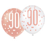 SALE Luftballon Latex 90. Geburtstag, wei & rosa, Gre: ca. 30 cm, 6 Stck