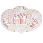 SALE Luftballon Latex Happy Birthday, transparent mit Konfetti & rosa Schrift, Gre: ca. 30 cm, 6 Stck