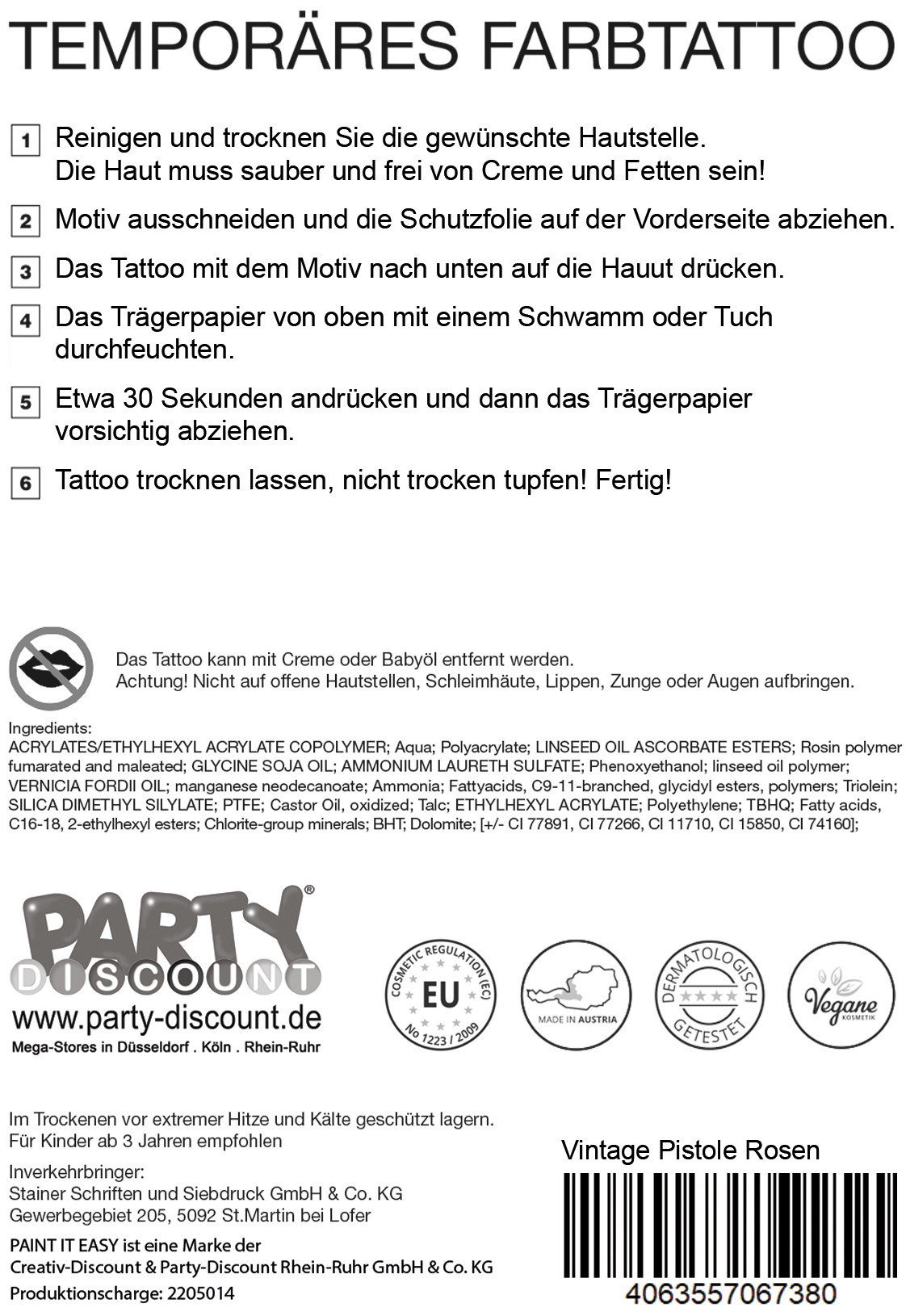 NEU Temporres Tattoo-Motiv Reality, 10,5 x 14,8cm, Vintage Pistole Rosen Bild 3