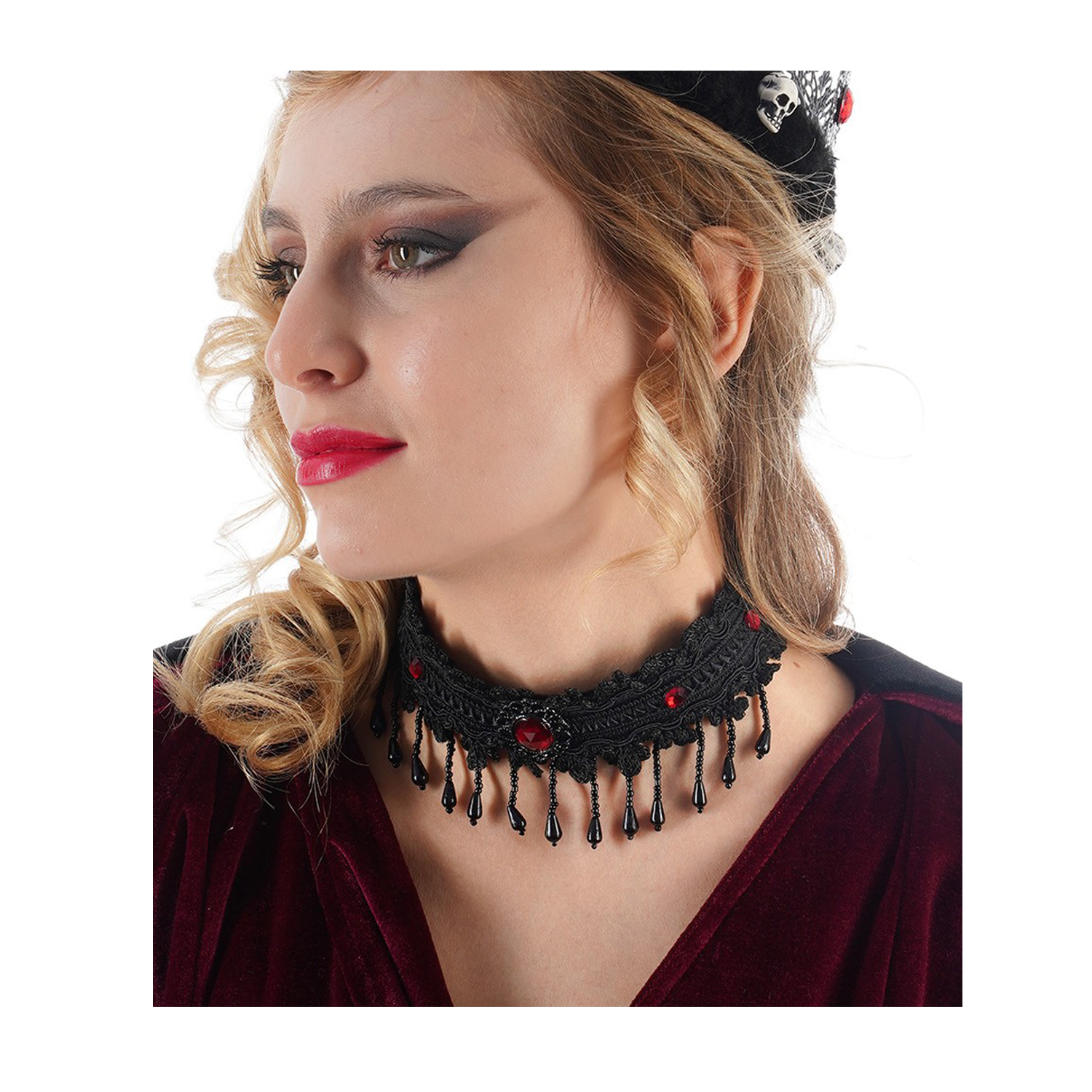 SALE Halsband im Gothic- / Halloween-Look, Schwarz mit roten Steinen Bild 2