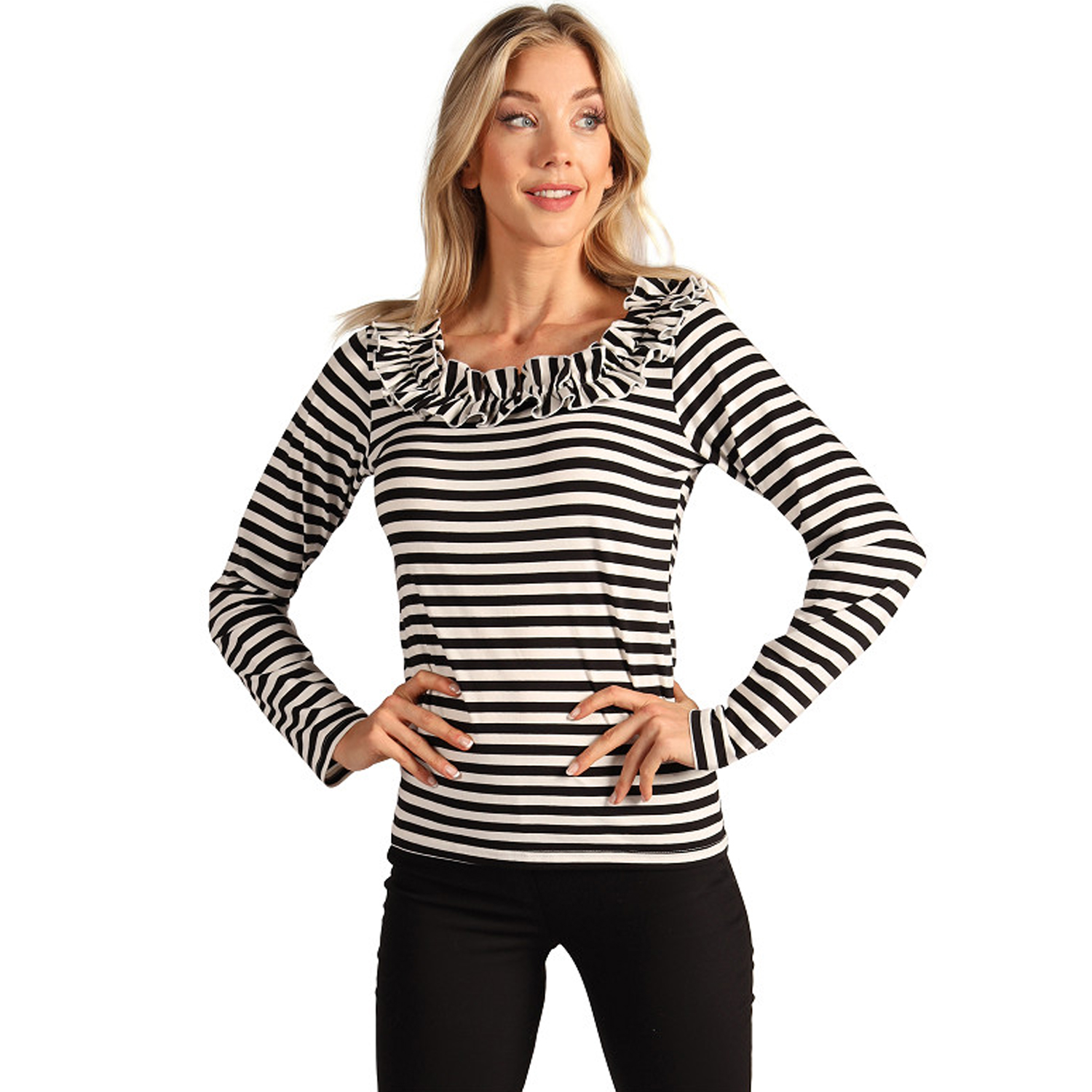 NEU Damen-Kostm Ringelshirt langarm mit Rschenkragen, schwarz-wei, Gr. XS Bild 2