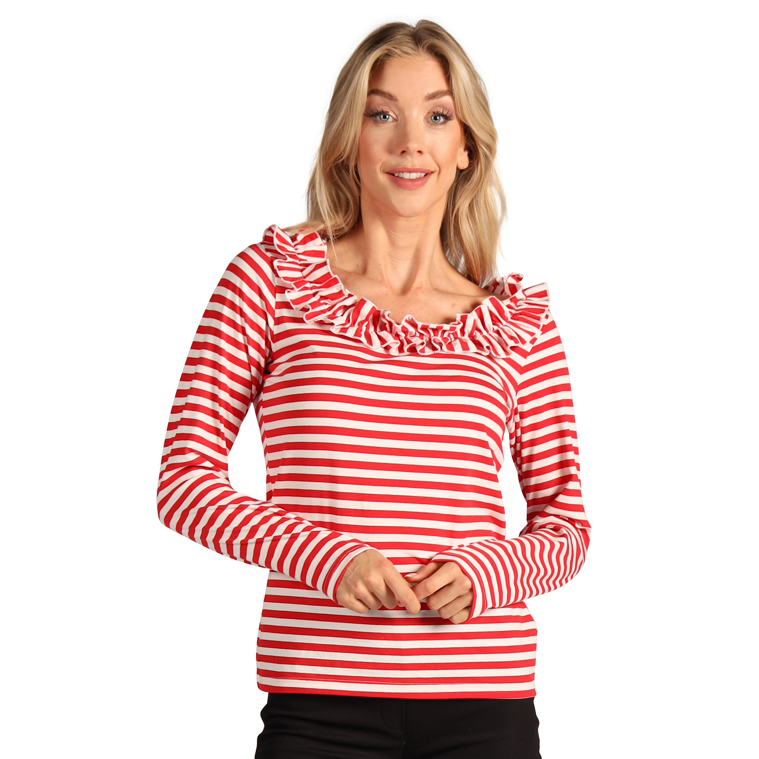 NEU Damen-Kostm Ringelshirt langarm mit Rschenkragen, rot-wei, Gr. XS Bild 2