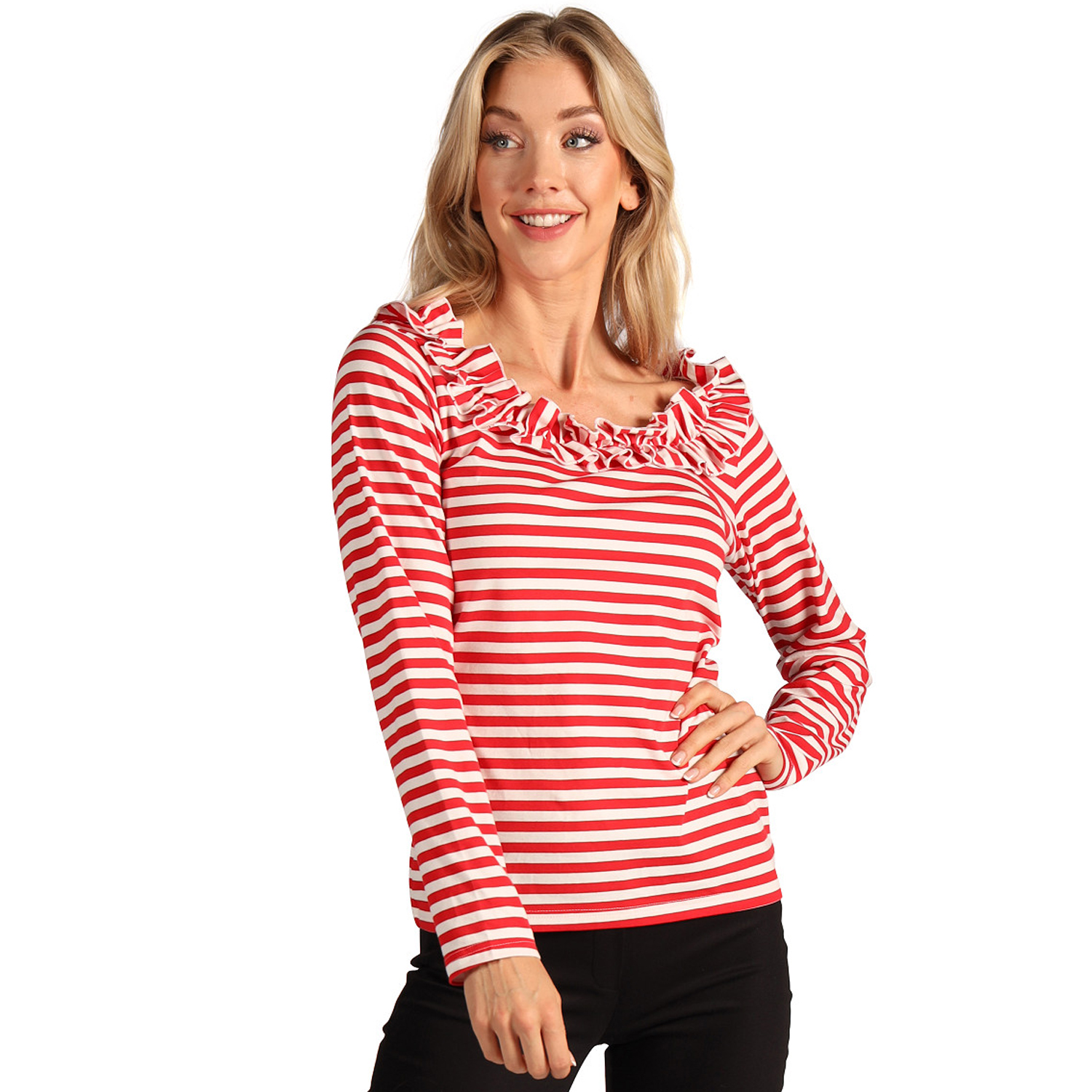 NEU Damen-Kostm Ringelshirt langarm mit Rschenkragen, rot-wei, Gr. XS Bild 3