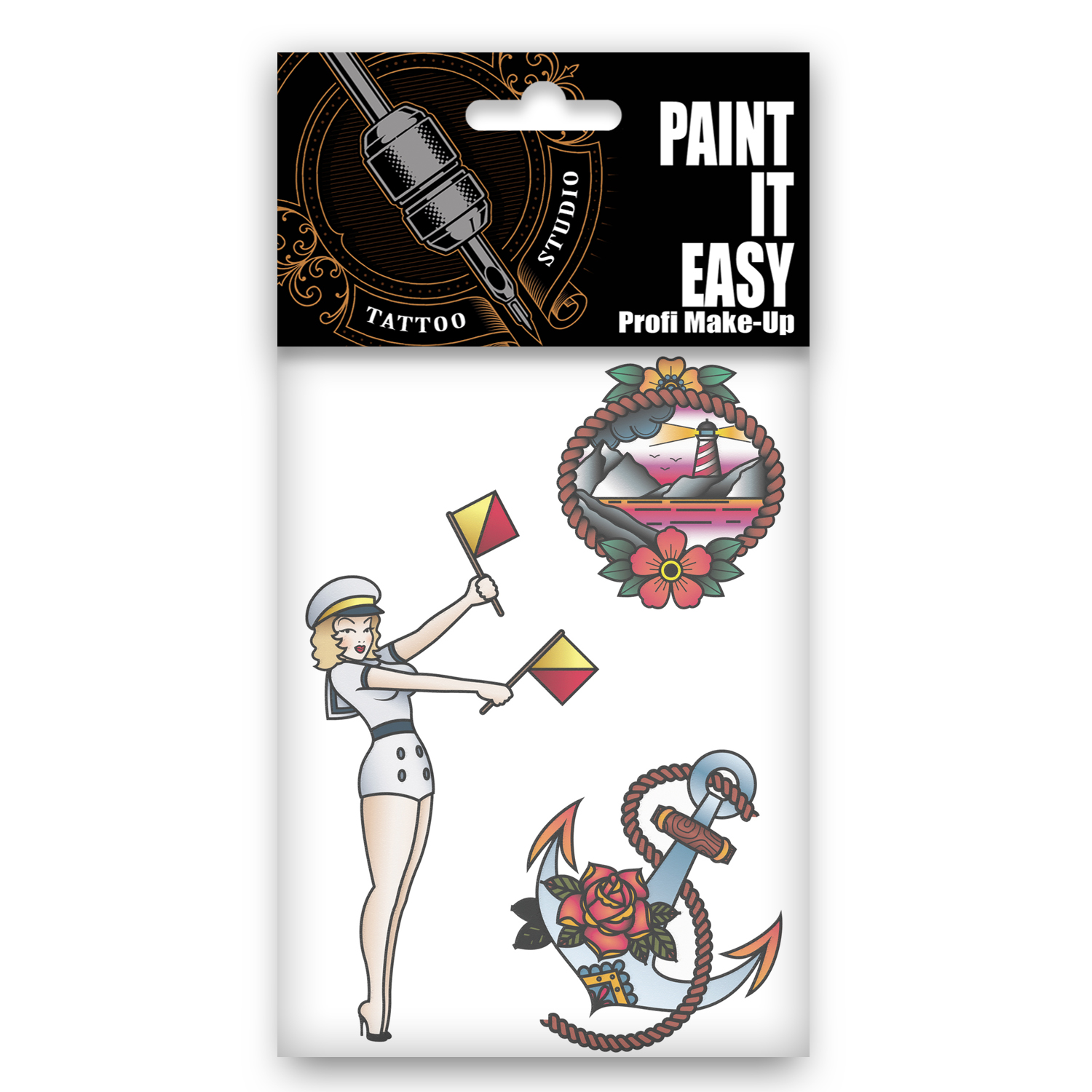 NEU Temporres Tattoo-Motiv Reality, 10,5 x 14,8cm, Maritim Matrosin Pin Up Set, Girl, Anker und Leuchtturm