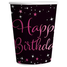 Pappbecher Starlight Birthday, pink-schwarz, 250 ml, 8 St�ck, Happy Birthday