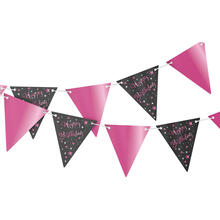 Wimpelkette Starlight Birthday, pink-schwarz, aus Papier, 400 x 19 cm, Happy Birthday