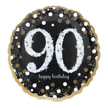 NEU Folienballon Sparkling Birthday 90th, schwarz, ca. 45cm