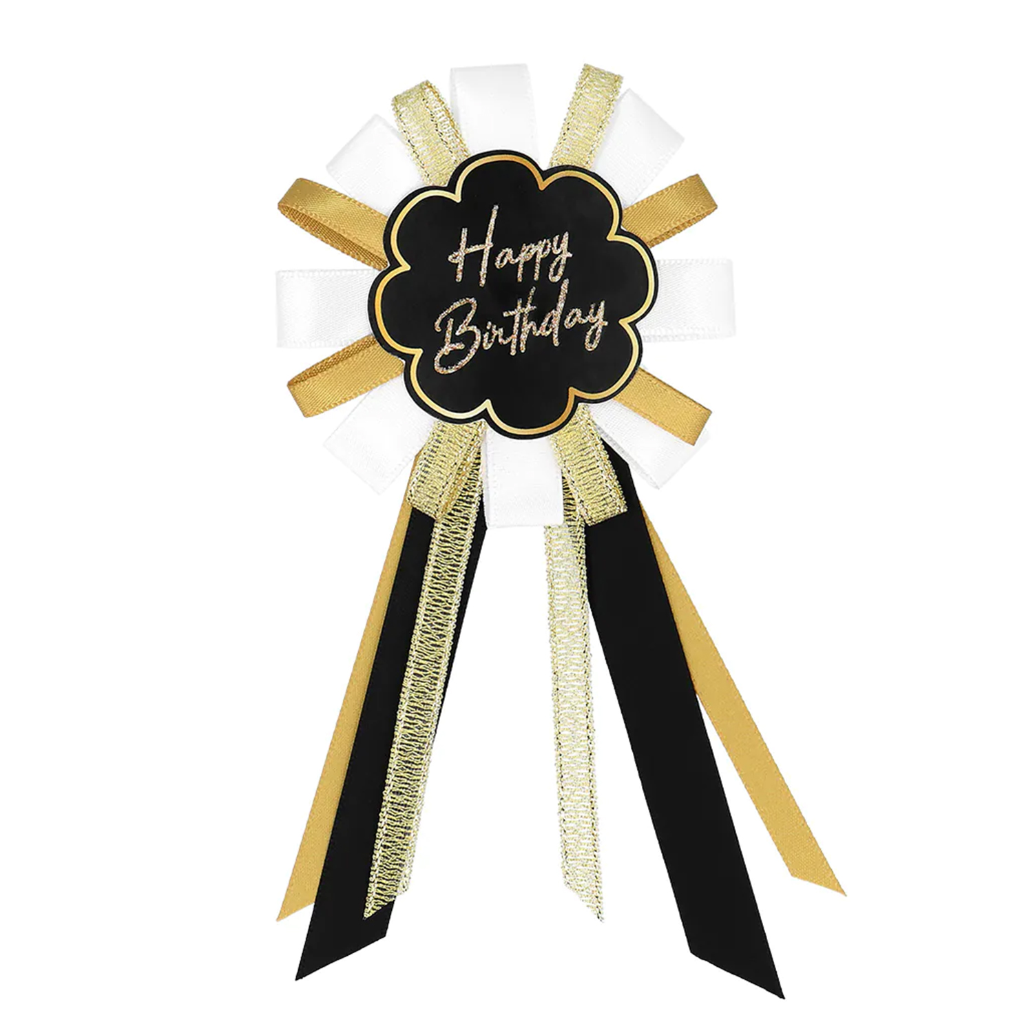 NEU Rosette/Brosche Happy-Birthday Anstecker, schwarz-gold