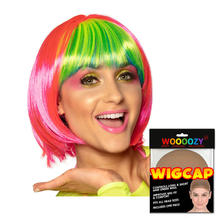 Perücke Damen Foxy Bob, Pagenkopf mit Pony Candy Style Neon Poppy, pink-bunt - mit Haarnetz