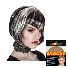 Perücke Damen Bob Pagenkopf Vampir-Lady gesträhnt, grau-schwarz - mit Haarnetz