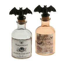 SALE Glasflasche mit Halloween-Etikett mit Fledermaus-Korken, Gre ca. 14,5 cm x 5,5 cm, 1 Stck - wird sortiert geliefert