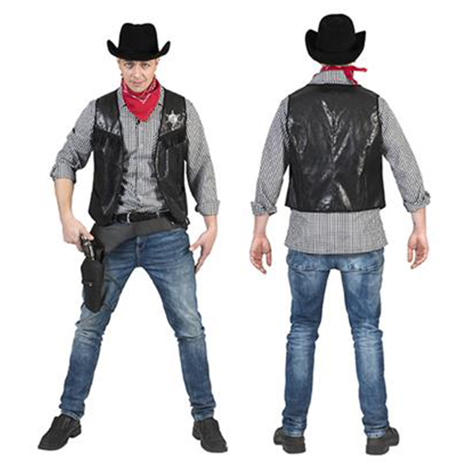NEU Herren-Kostm Cowboy-Weste mit Fransen und Sheriff-Stern, schwarz, Gr. 48-50