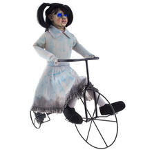 NEU Groß-Deko Mädchen auf Fahrrad mit Bewegung, Licht und Sound, für Halloween, 85 cm