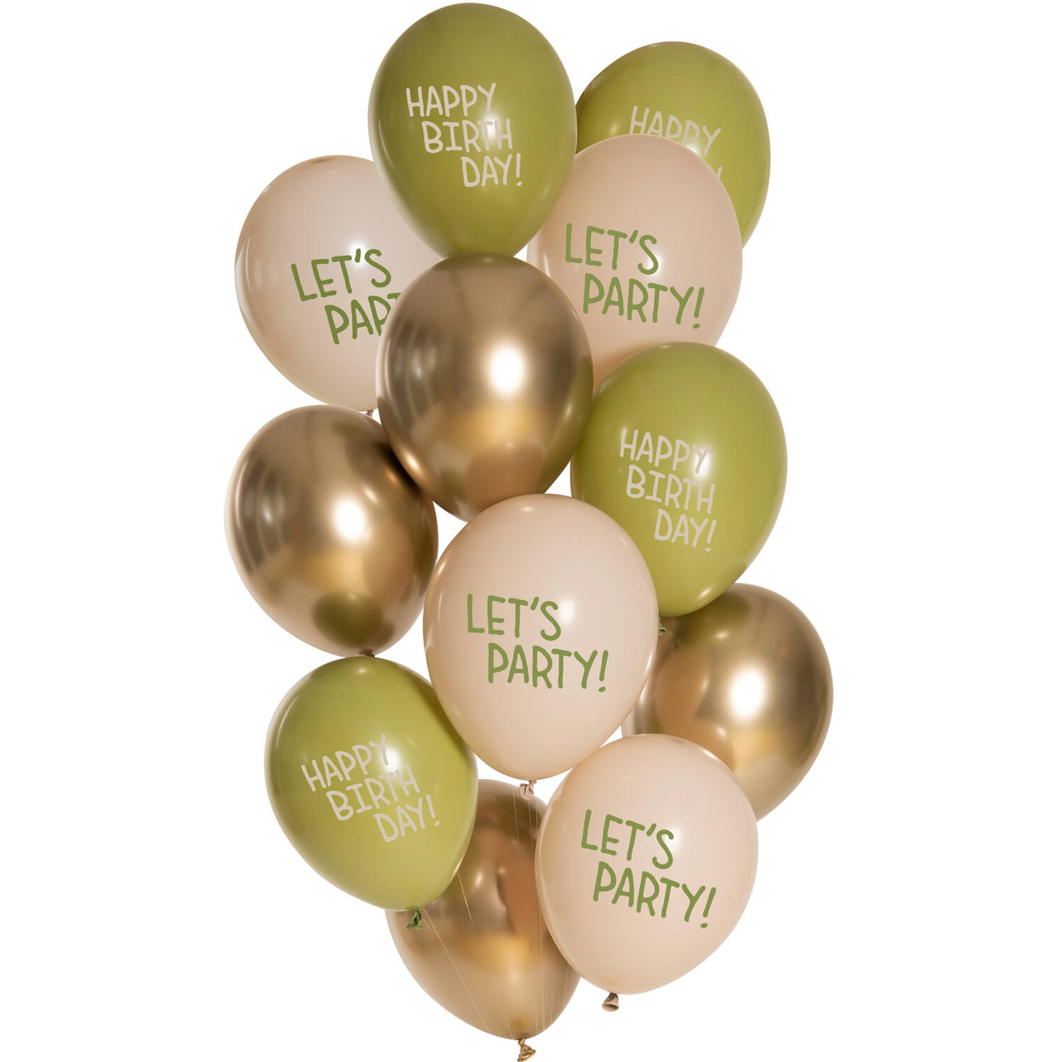 NEU Premium-Latex-Luftballons Happy Birthday, Let's Party, Golden Olive, 33cm, 12 Stk.