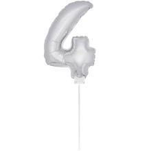 SALE Folienballon Zahl 4 am Stab, ca. 36cm, silber