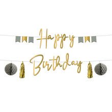 NEU Buchstabengirlande Happy Birthday Golden Dawn mit Quasten und Wabenbllen, 2 Ketten  150cm, gold