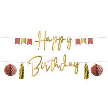 NEU Buchstabengirlande Happy Birthday Golden Dusk mit Quasten und Wabenbllen, 2 Ketten  150cm, gold