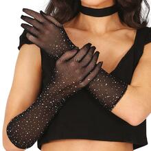 NEU Netzhandschuhe mit Strasssteinen, 30cm, schwarz