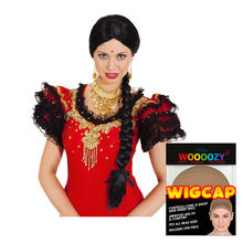 Perücke Damen Mittelscheitel mit einem geflochtenem Zopf, Bollywood, schwarz - mit Haarnetz