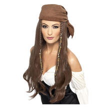 Perücke Damen Piratin mit Kopftuch braun, braun