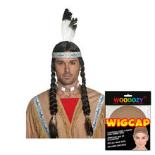 Percke Herren Indianer mit Stirnband und zwei gefochtenen Zpfen, Sioux, schwarz - mit Haarnetz