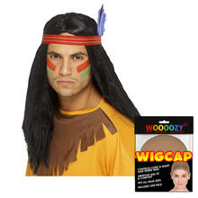 Percke Herren Langhaar Mittelscheitel Indianer mit rotem Stirnband, schwarz - mit Haarnetz