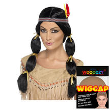 Perücke Damen Indianerin mit Federstirnband und zwei gefochtenen Zöpfen, schwarz - mit Haarnetz