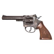 NEU 100-Schuss-Revolver Rodeo antik, Kunststoff, schwarz mit braunem Handstck - Cowboy- oder Agenten-Pistole