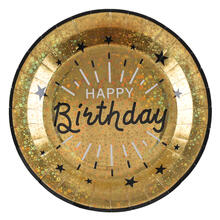 NEU Papp-Teller Happy Birthday, gold-schwarz, 10 Stck, ca. 23 x 23cm