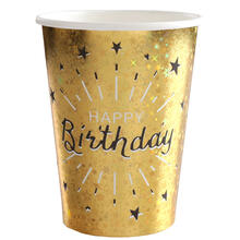 NEU Papp-Becher Happy Birthday, gold-schwarz, 10 Stck, ca. 266ml