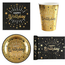 Geburtstags-Serie Schwarz-Gold Happy Birthday - Teller, Servietten, Becher & Deko