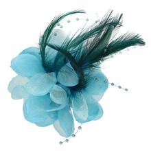 Brosche Blume mit Federn und Perlen, türkis, 10cm