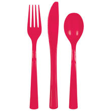 Stabiles Mehrweg-Besteck aus Kunststoff, Set für 6 Personen - Inhalt: 6 Gabeln, 6 Messer, 6 Löffel, Farbe: Rot