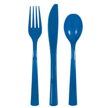 Stabiles Mehrweg-Besteck aus Kunststoff, Set für 6 Personen - Inhalt: 6 Gabeln, 6 Messer, 6 Löffel, Farbe: Königsblau
