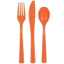 Stabiles Mehrweg-Besteck aus Kunststoff, Set für 6 Personen - Inhalt: 6 Gabeln, 6 Messer, 6 Löffel, Farbe: Orange