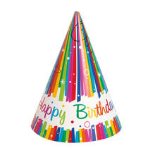 Partyhüte Happy Birthday aus Pappe, Kindergeburtstag, Regenbogenfarben / bunt, 8 Stück