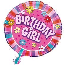 Folienballon Birthday Girl, fr Kindergeburtstag Mdchen, Pink mit Blumen, beidseitig bedruckt, Gre: ca. 45 cm