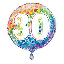 Folienballon 30. Geburtstag, mit bunten Sternen / Regenbogen, beidseitig bedruckt, Größe: ca. 45 cm