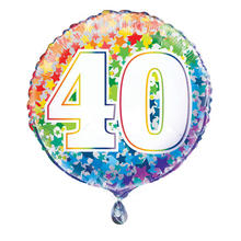 Folienballon 40. Geburtstag, mit bunten Sternen / Regenbogen, beidseitig bedruckt, Größe: ca. 45 cm