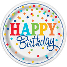 NEU Teller Happy Birthday aus Pappe, Kindergeburtstag, bunt gepunktet, Gre ca. 23 cm, 8 Stck