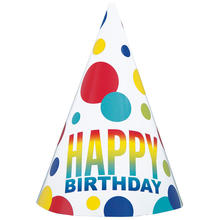 SALE Partyhte Happy Birthday aus Pappe, Kindergeburtstag, Regenbogenfarben gepunktet, 8 Stck