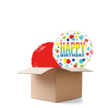 Ballongrüsse Happy Birthday mit Punkten in Regenbogenfarben, 2 Ballons