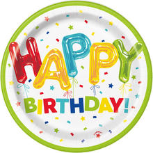 NEU Teller Happy Birthday aus Pappe, Kindergeburtstag, Design Folienballon bunt, Gre ca. 18 cm, 8 Stck