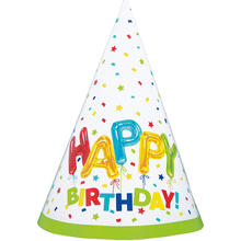 Partyhüte Happy Birthday aus Pappe, Kindergeburtstag, Design Folienballon bunt, 8 Stück