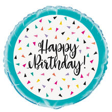 SALE Folienballon Happy Birthday, Geburtstags-Party, Trkis / Bunt mit Dreiecken, beidseitig bedruckt, Gre: ca. 45 cm