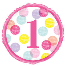 Folienballon, erster Geburtstag / Zahl 1, Rosa / Pink mit Punkten, beidseitig bedruckt, Größe: ca. 45 cm